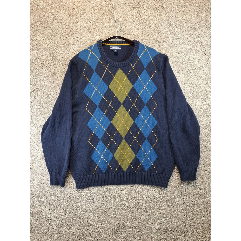 Lands End Sweater Mens XL Blue Drifter Argyle‎ Cotton Knit Pullover Preppy